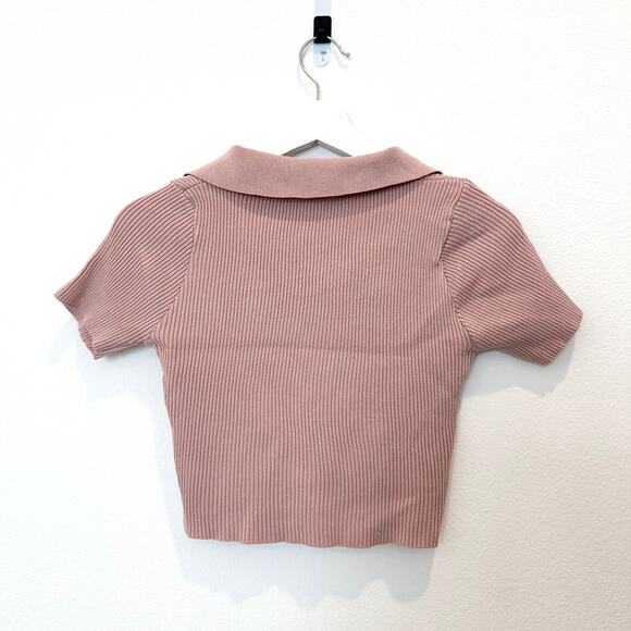 Pink cropped ribbed collared short sleeve top small - Picture 3 of 3